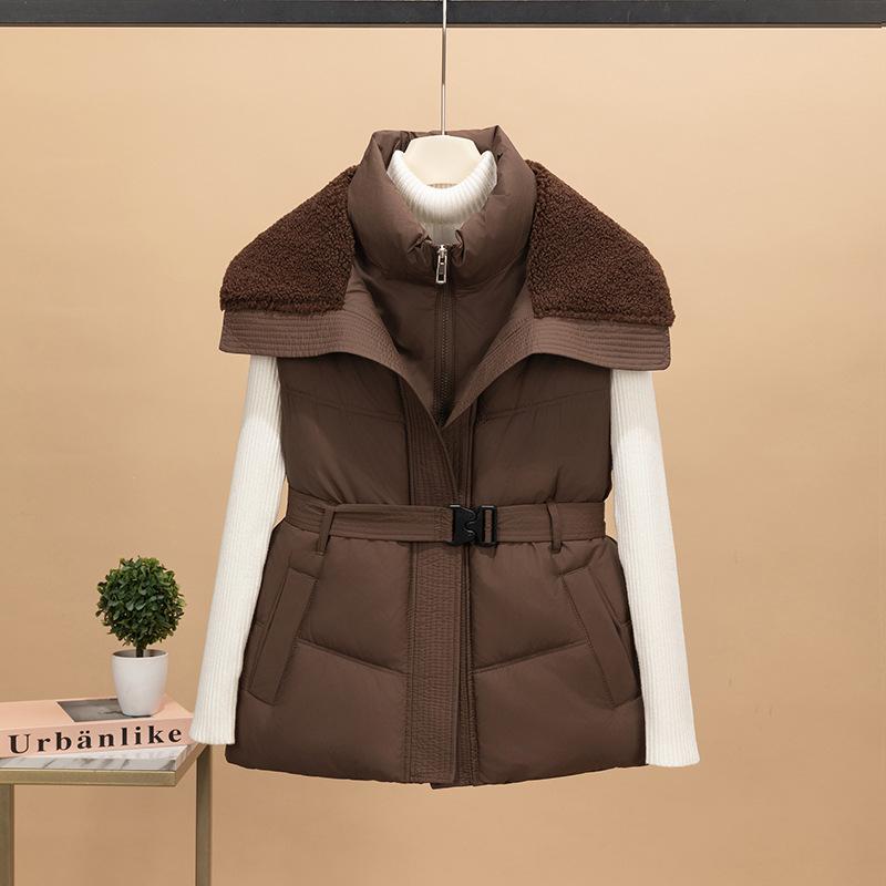 European and American new women's clothing lamb wool lapel collar belt cotton clothes vest fashion stand-up collar temperament commuter jacket