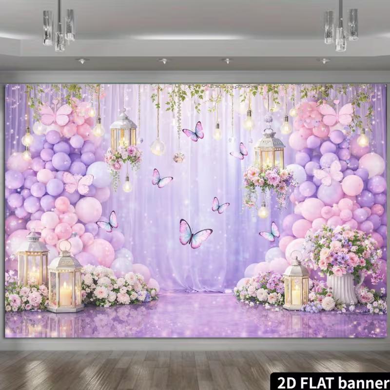 

2D Purple Pink Butterfly Backdrop, Balloon Arch & Lantern Party Wall Decor Banner 47.2x31.5inch/120*80cm