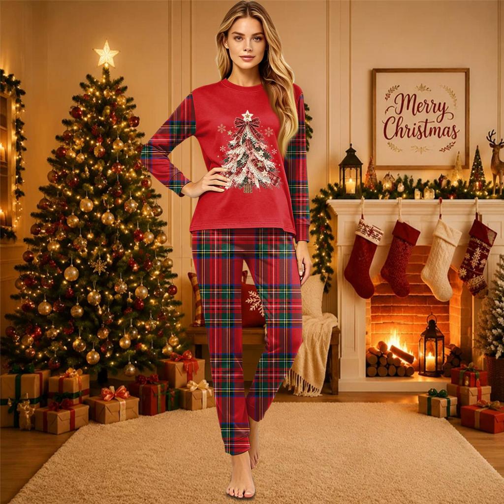 Christmas-print long-sleeve and long-pant matching family loungewear set