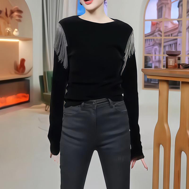 

240 г Корейская футболка с длинным рукавом и кисточками из золотистого велюра для женщин - Шикарный топ осенне-зимней моды X-Large чёрный