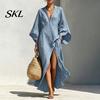 Comfortable Daily Wear Dress Women's Cotton Linen Maxi Dress, V Neck Batwing Sleeve Lightweight Summer High Split Loose Casual Beach Sundress