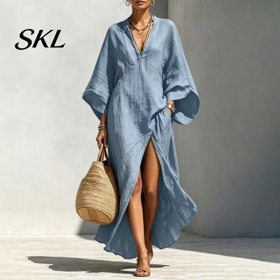 Comfortable Daily Wear Dress Women's Cotton Linen Maxi Dress, V Neck Batwing Sleeve Lightweight Summer High Split Loose Casual Beach Sundress