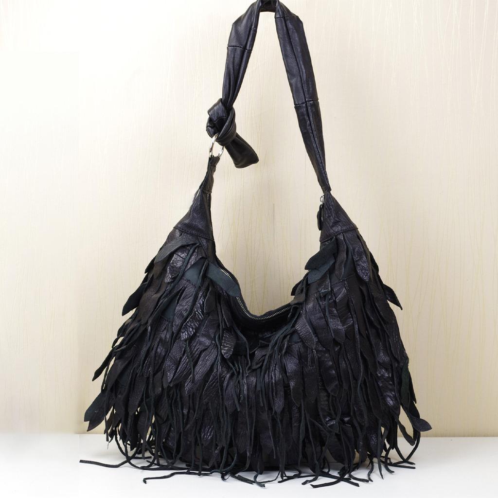 Genuine Black Tassel Resistant Shoulder Bag for Women Large Capacity Sheepskin Shoulder Bag High Quality