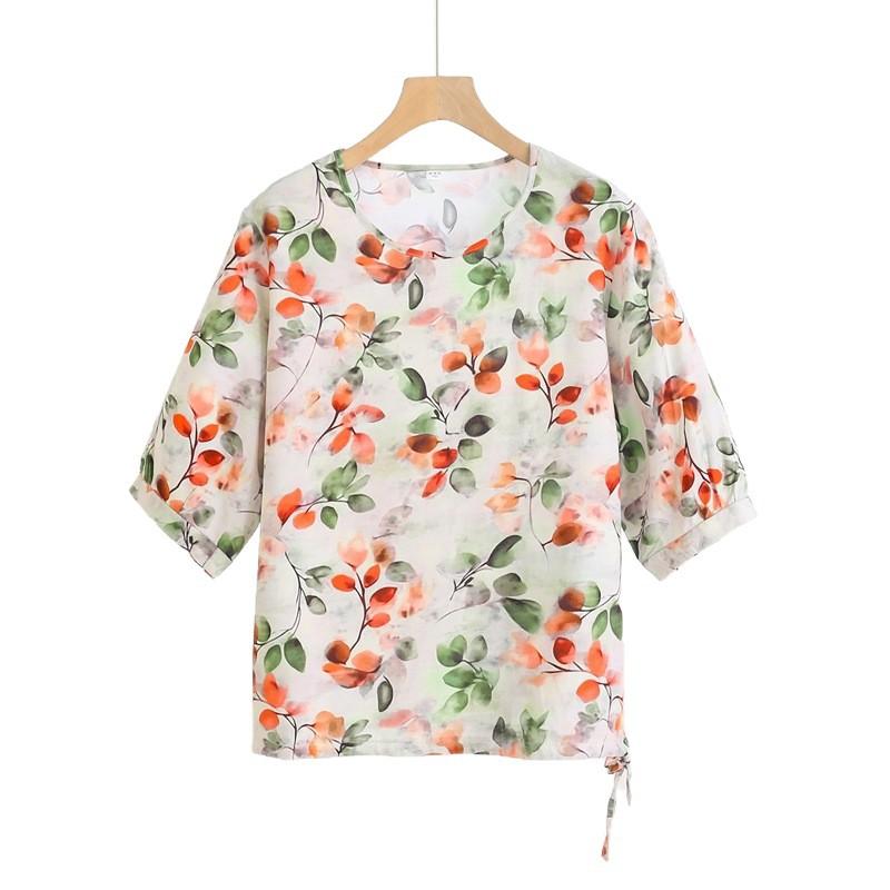 Mid-sleeved T-shirt, Sweet Floral Print, Stylish Drawstring Top, Summer Thin Plus-size Pullover