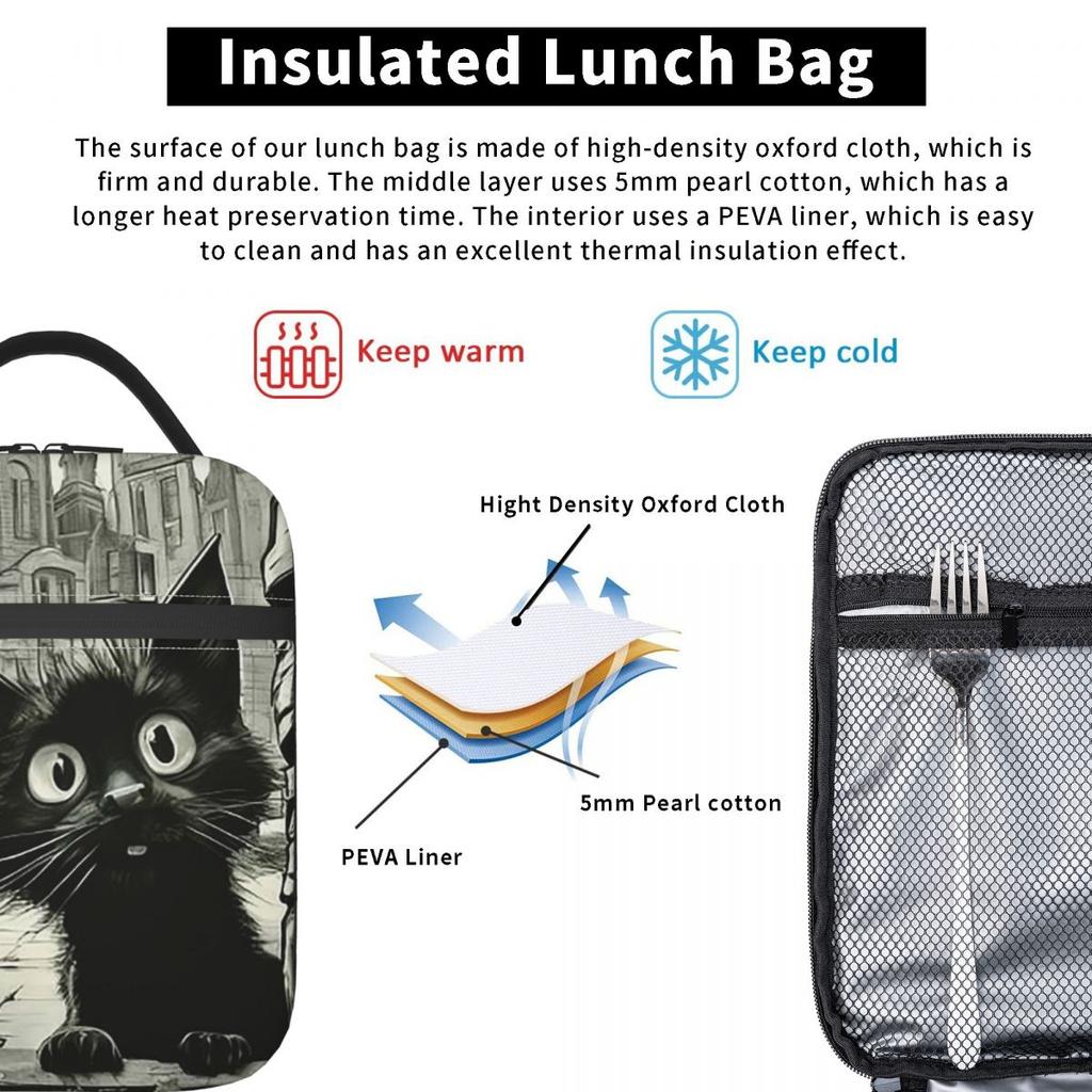 Vintage Black Cat And European Street Scene Insulated Lunch Bag for Women Kids Leakproof Food Boxes Thermal Lunch Box Tote