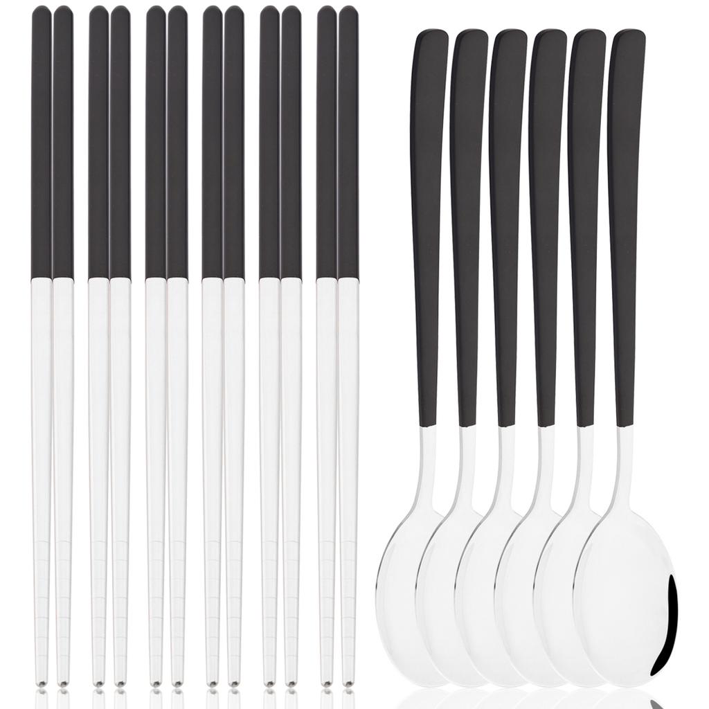 12pcs Colorful Dinnerware Set Korean Style Spoon Non-slip Chopsticks Cutlery Mirror Stainless Steel Flatware Kitchen Tableware