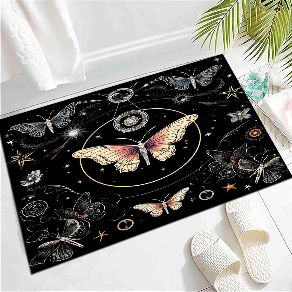 Butterfly Area Rug for Living Room Bedside, Gothic Moth Doormat Astrology Style Carpet Boho Exotic Starry Sky Indoor Floor Mat