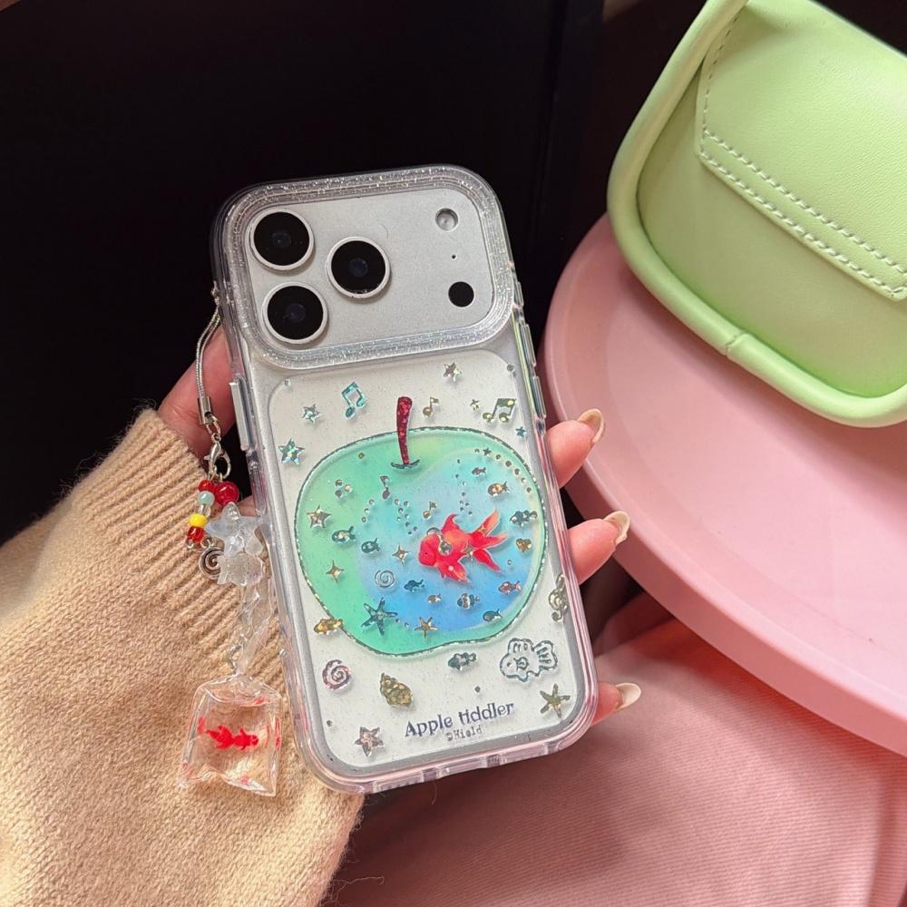 Transparent gilt green apple goldfish pendant ins Korean applicable Apple 17ProMax mobile phone case iphone15 new 16pro women's cute 17pro