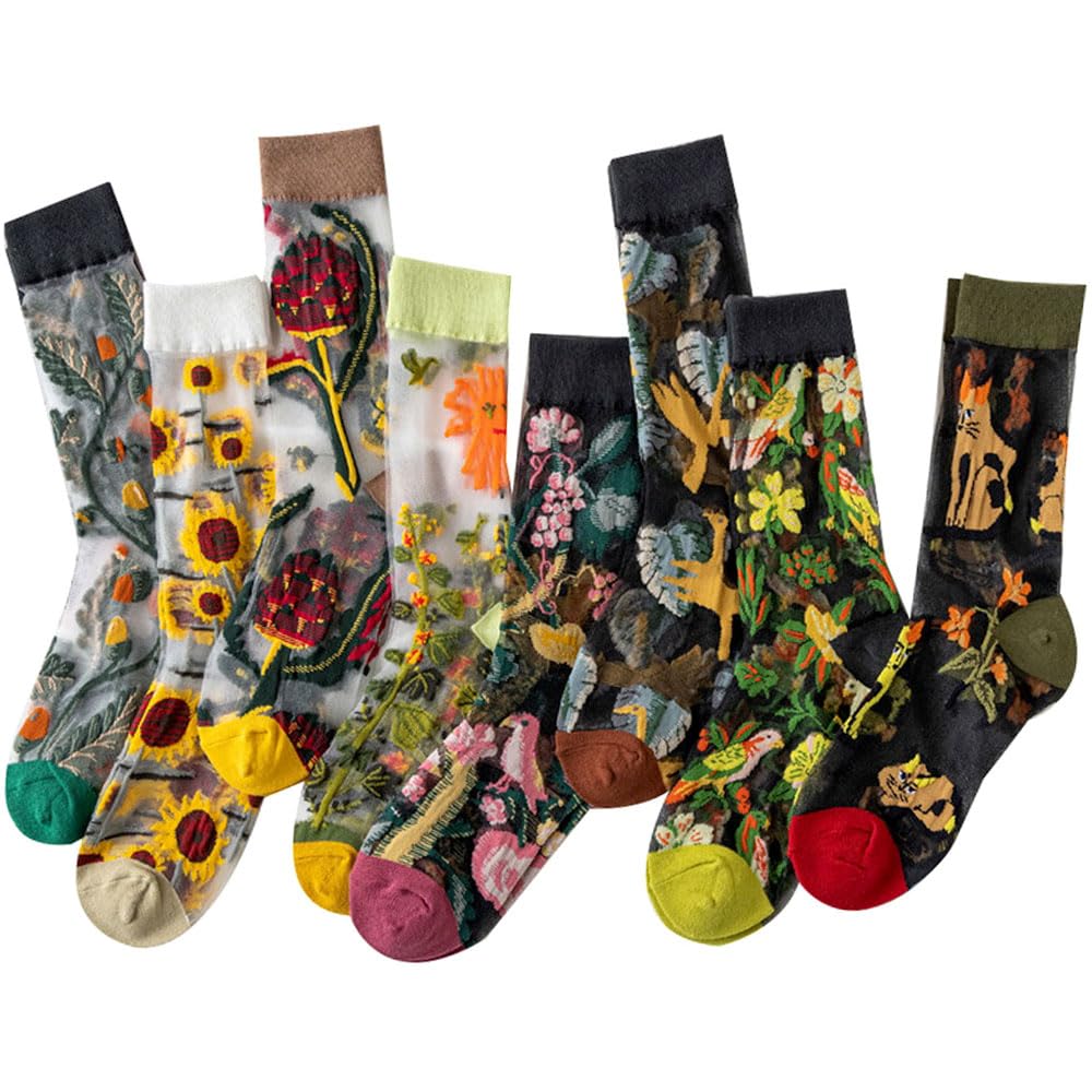 Moin Moin Assortment Teddy Bear Small Floral Product 2407scs16 Socks, 8-Piece Set, Flower, Cat, Bird, Sunflower, White, Black, Red, Green, Lace,