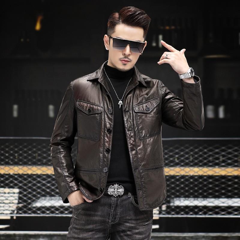 

Осенняя кожаная куртка мужская из овечьей кожи с промасленным воском, воротником средней длины и с несколькими карманами в стиле ретро, повседневная куртка 5XL