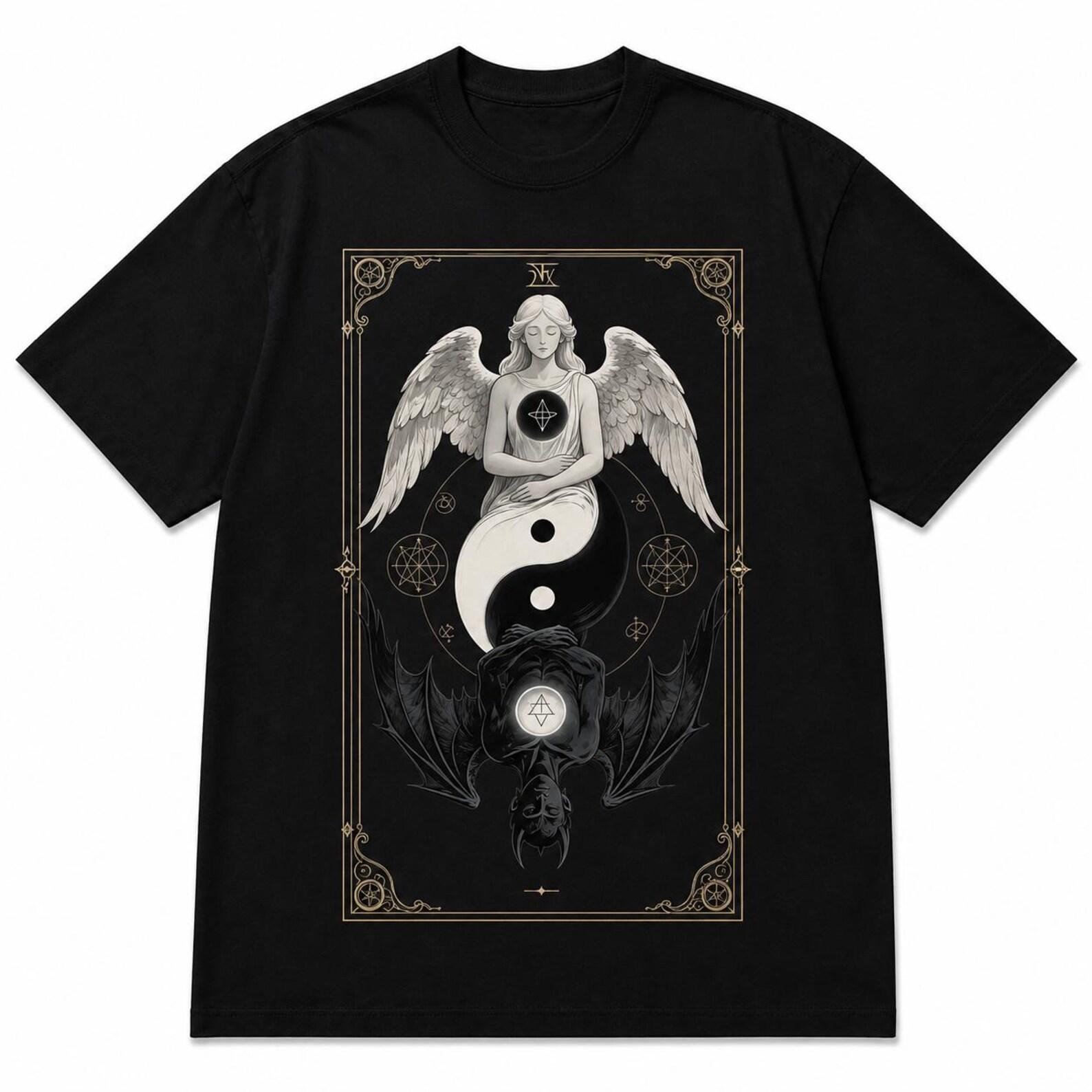 Angel Demon Yin Yang Shirt, Gothic Duality Graphic Tee, Mystic Balance T-Shirt M