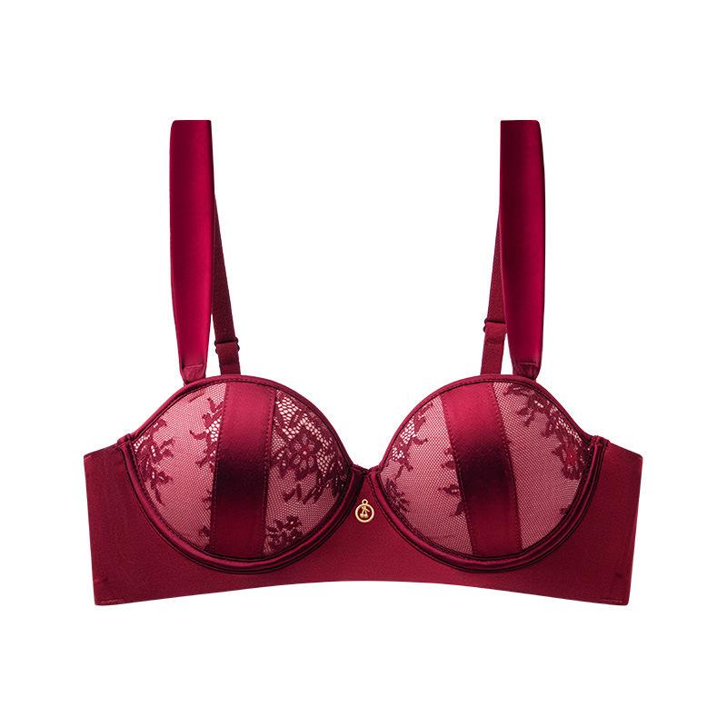 New lace satin splicing underwear women's small breasts gather and show big without steel ring upper support sexy bra