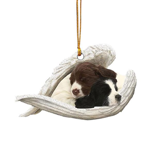 Dog Sleeping In Angel Wings Ornament 2D Flat Car Rear View Mirror Hanging Charm Pet Memorial Keepsake for Christmas Tree Car Interior Accessories