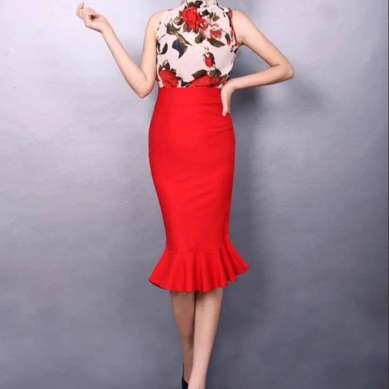Female New Lotus Leaf Pack Hip Fish Skirt High Waist Sexy Stretch One Step Skirt Plus Size