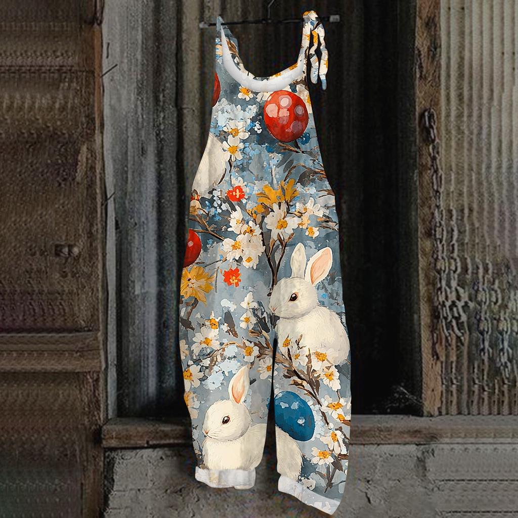Women's Romper Print Casual Loose Cotton Linen Overalls