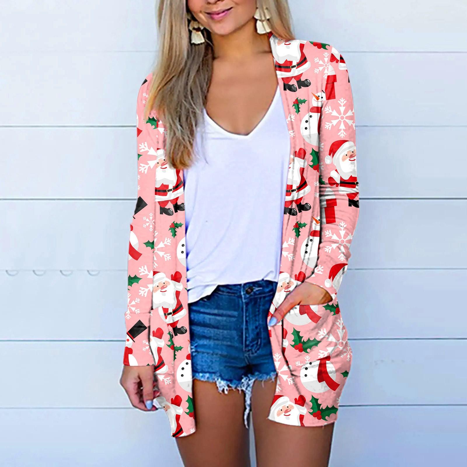 

Женская модная повседневная куртка-кардиган с рождественским принтом средней длины, пальто M розовый