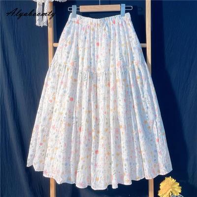 Japanischer Mori-Mädchen-Frühlings-Sommer-Frauen-Midirock mit elastischer Taille, bunter, floraler, süßer Rock, eleganter, femininer Damen-Hübscher Rock