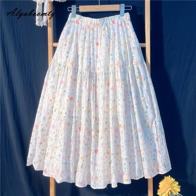Japanese Mori Girl Spring Summer Women Midi Skirt Elastic Waist Colorful Floral Sweet Skirt Elegant Feminine Ladies' Pretty Skirt