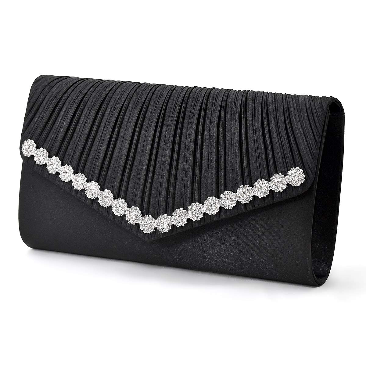 

Plex Party Bag, Flower Motif, Stone, 3-Way Pleated Design, Clutch, Women s, Black