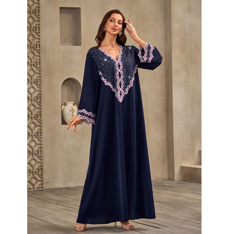 

2025 Indonesia Middle East Arab Robe V-neck Hot Drilling Applique Loose Robe Plus size Dubai Dress Dress Dark blue 2XL
