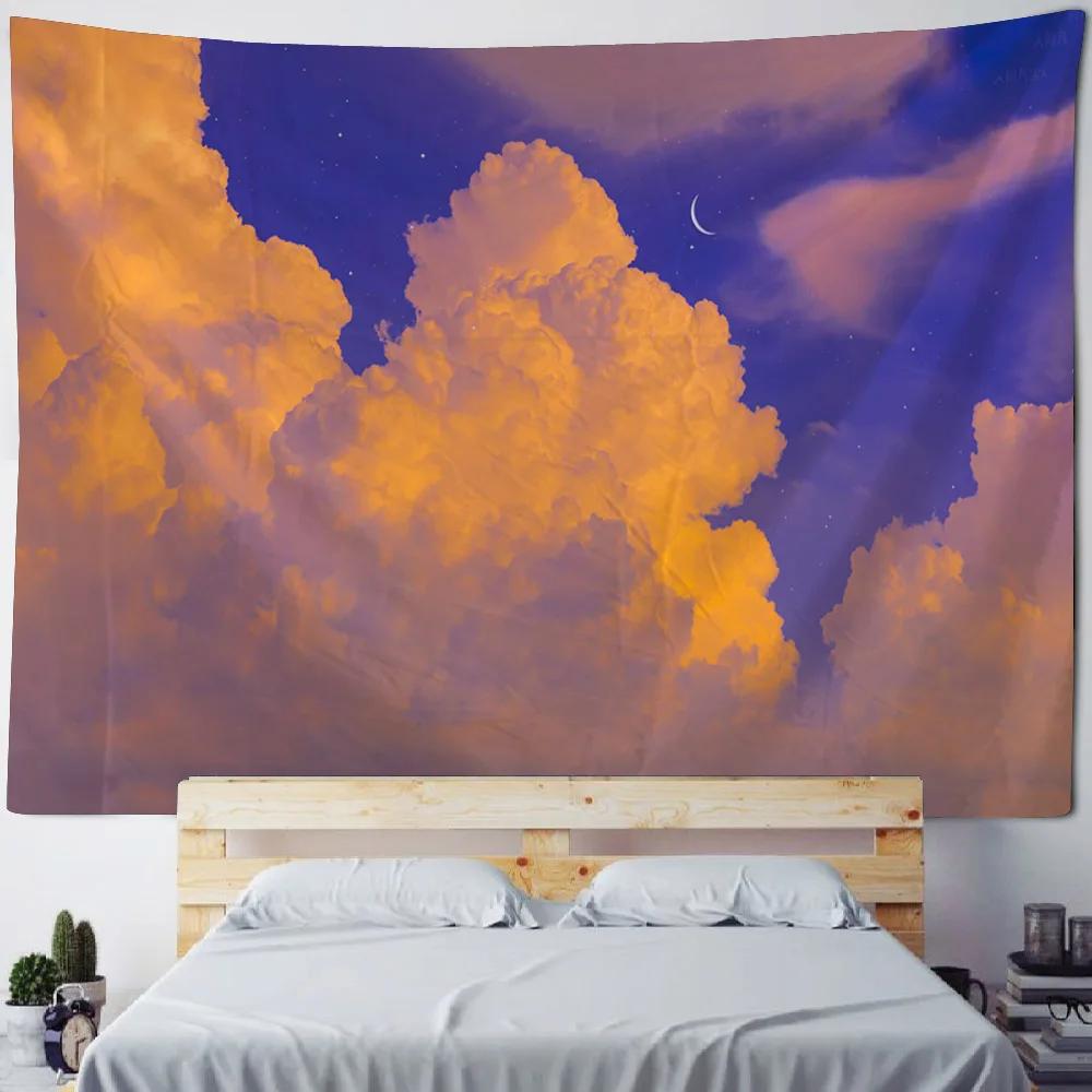 Cartoon Starry Sky Art Tapestry Pink Cloud Moon Wall Hanging Cloth Children's Room Decoration Kawaii Wall Decoration Tapestry