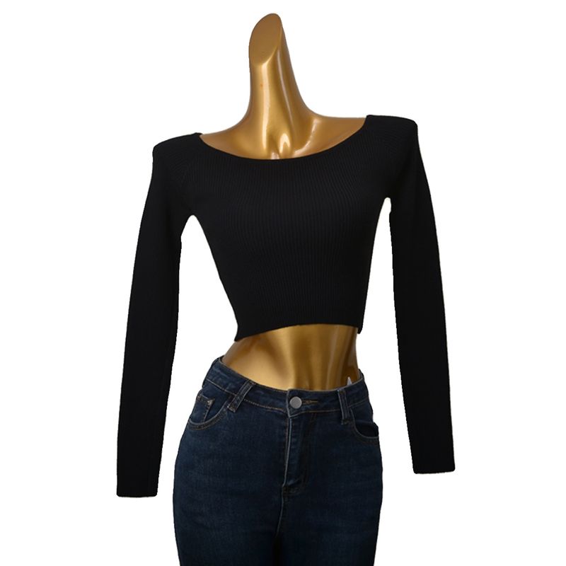 Off-the-Shoulder Sweater Fashion Wind Thread High Elastic Sunken Stripe Early Autumn Inner Bottoming Shirt Silm High Waist Show Belly Tops