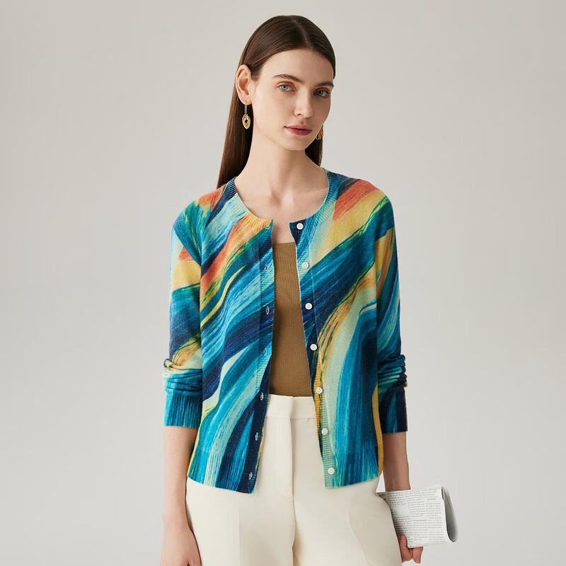 Zhaojun Women's 100% Cashmere Printed Round Neck Cardigan