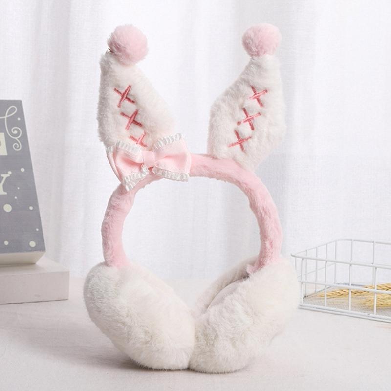 Girls Lovely Bunny Ear Shape Ear Warmer Stuffed Earmuff Warm Plush Winter Earwarmer with Bowknot Decor for Children