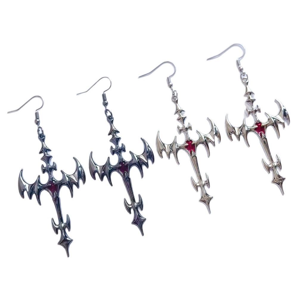 Punk Personality Silver Color Bat Wings Thorn Cross Dangle Earrings for Men Women Gothic Halloween Party Vampire Jewelry Gifts