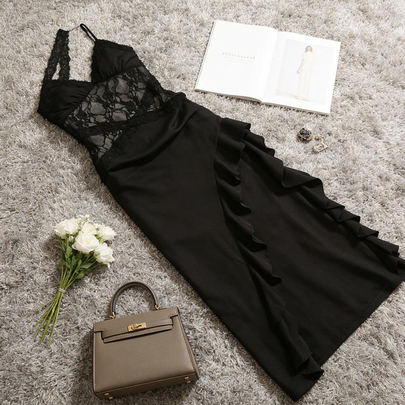 French Sexy Lace Hollow Suspender Dress Women's Design Sense Nightclub Fashion Temptation Ruffle Edge Split Dress