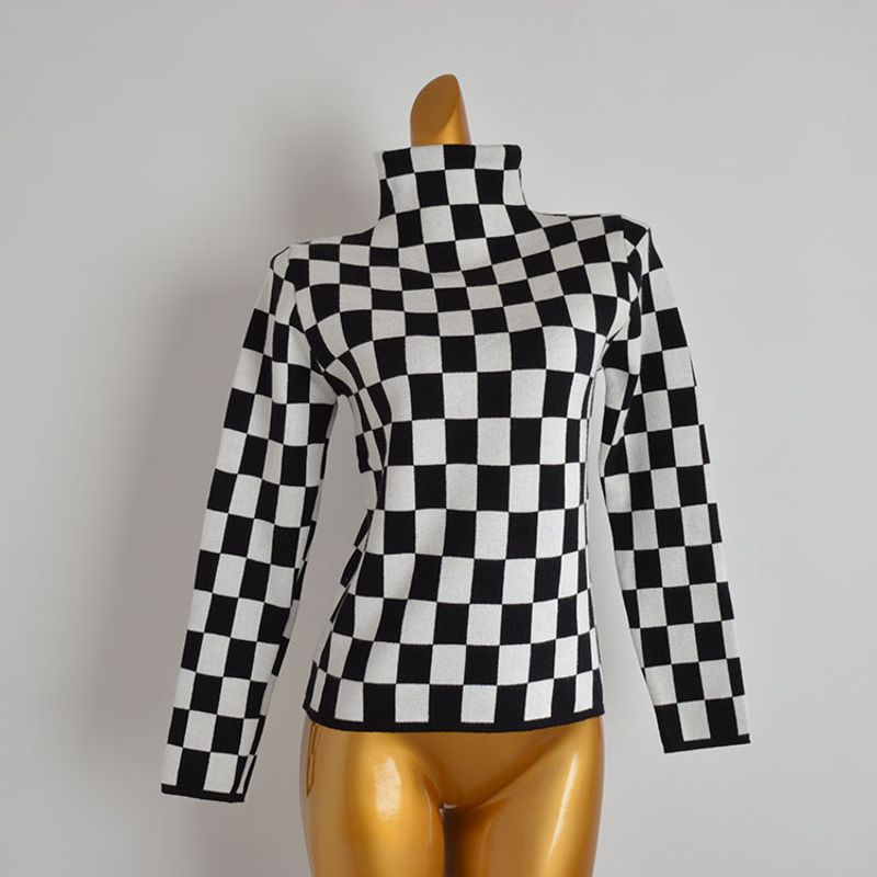 New Arrival Black and White Plaid Contrast Color Turtleneck Pullover Long Sleeve Bottoming Shirt Sweater Women's Knitwear Easiest for Match Tops