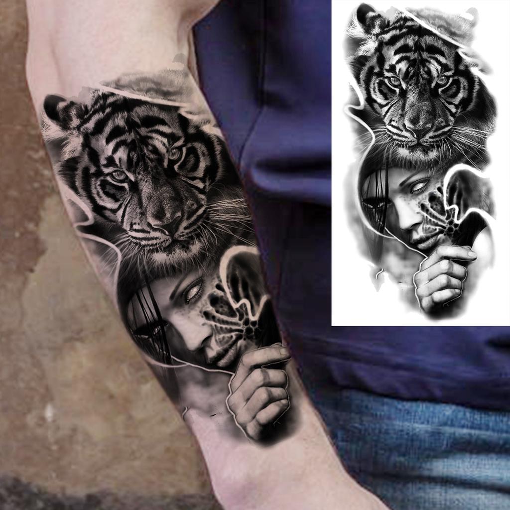 1 Sheet Realistic Fake Tiger Lion Temporary Tattoos For Women Men Adults Body Forearm Arm Leg Tattoo Sticker Waterproof Decor