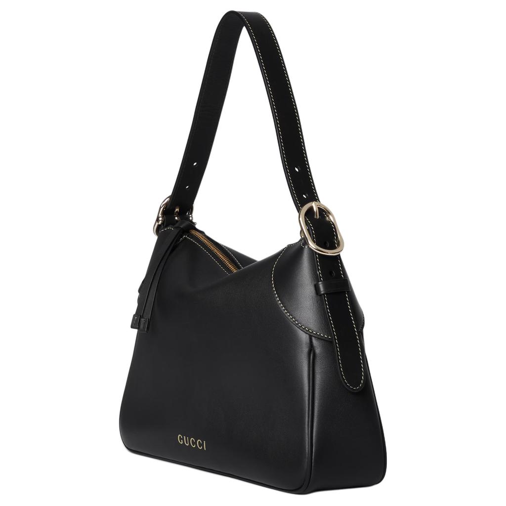 Gucci GG Emblem Logo Zip Closure Leather Underarm Handbag Medium Women Handbags Black 815216-AAEC2-1000