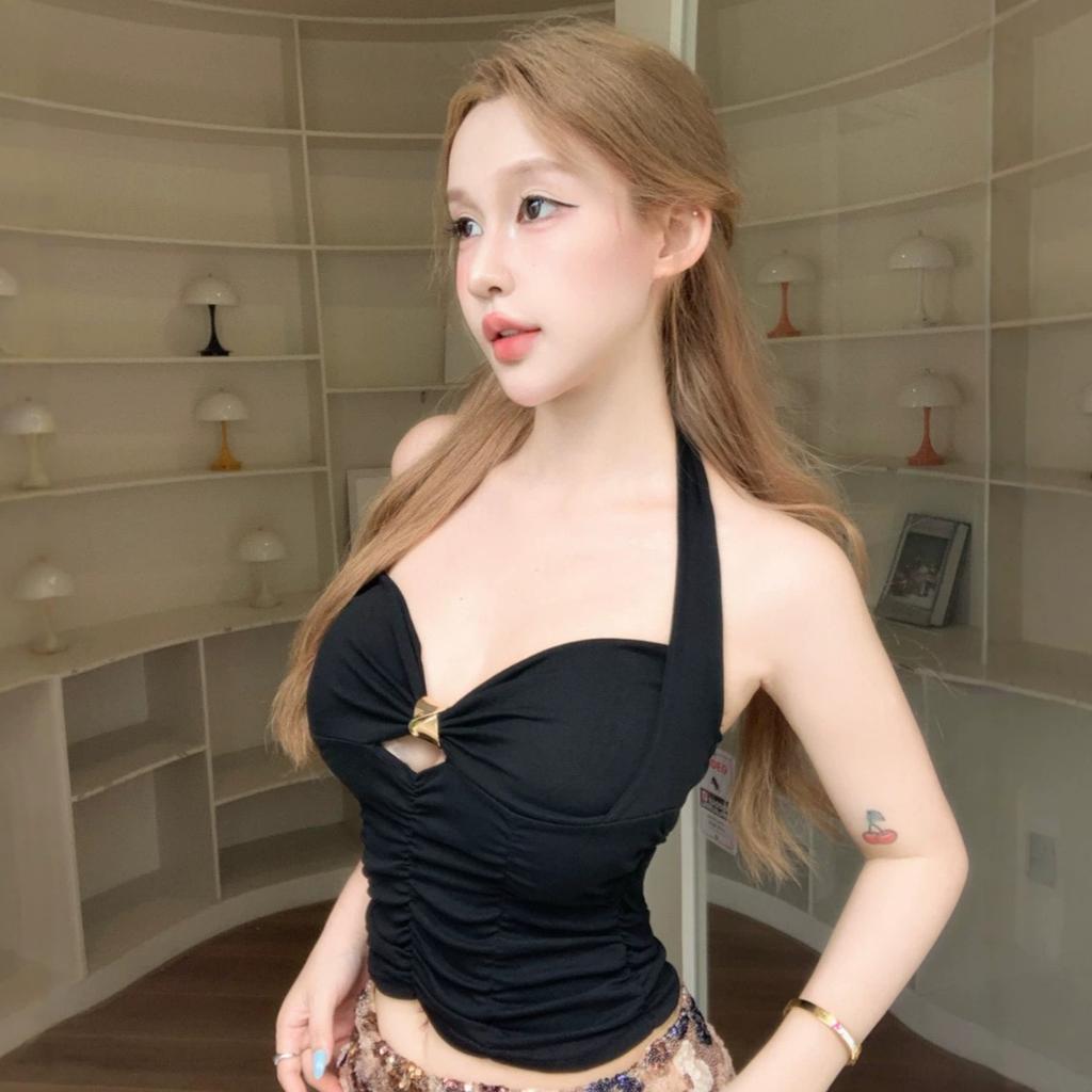 #Summer New Spice Girl Style Metal Buckle Neck Vest Slim One-piece Chest Pad Versatile Top