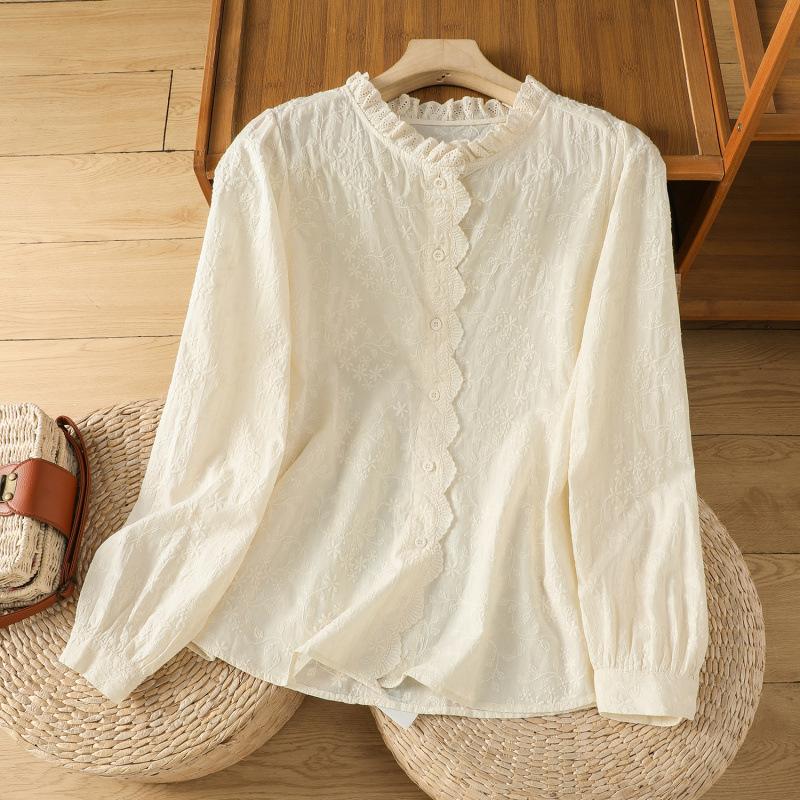Cotton Lace Collar Lace Embroidered Long-sleeved Shirt Blouse 1116 Spring New Shirt Women