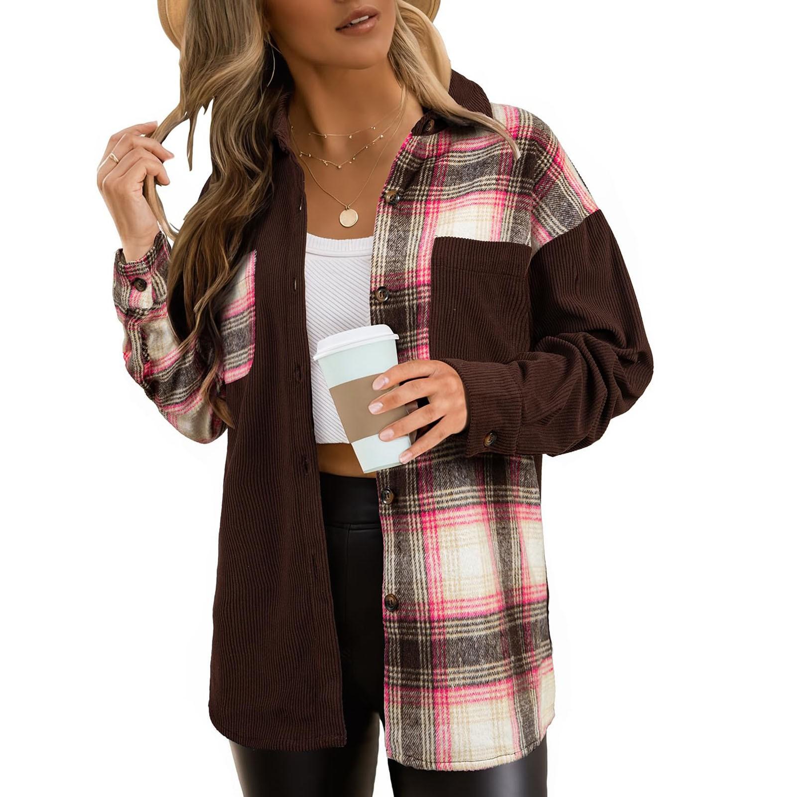 

Women s Loose Casual Color Blocked Corduroy Shirt Long Sleeved Button Up Top Jacket XXL коричневий
