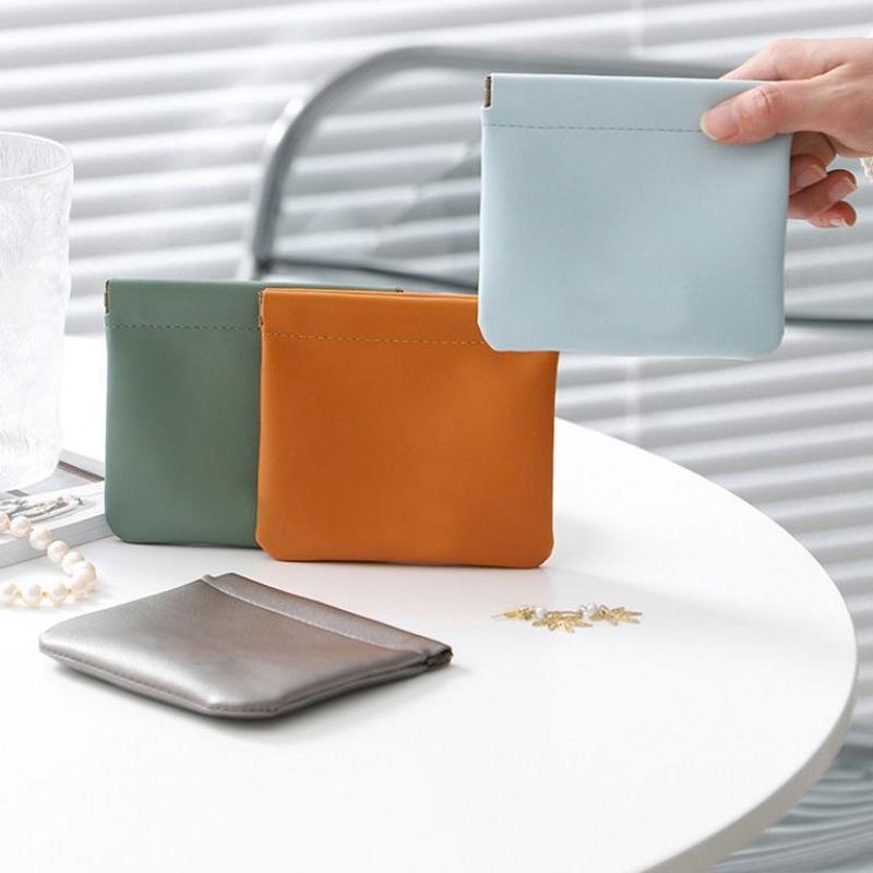 1PC Automatic Closure Multifunctional PU Mini Elastic Sheet Portable Waterproof Purse Jewelry Bag Earphone Charging Line Fashion