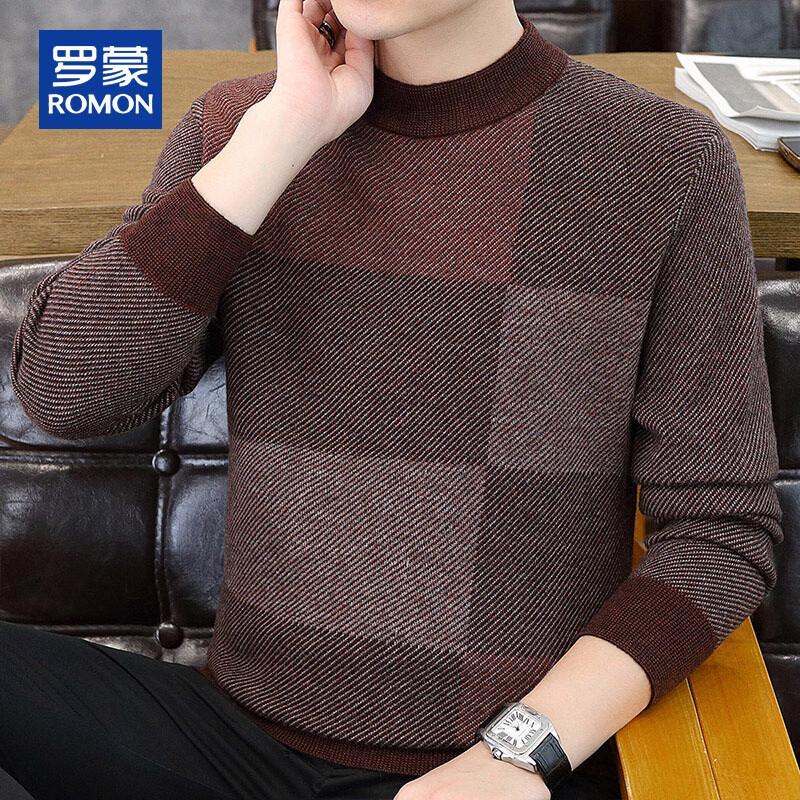ROMON Men's Thickened 100% Pure Wool Colorblock Half-High Collar Sweater