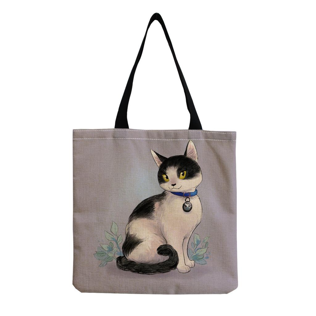 Women Vintage Linen Tote Bag - Large Capacity Cat Print Shoulder Handbag for Casual & Grocery Shopping KTB