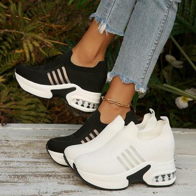 Women's Slip-On Knit Sports Shoes: Height-Boosting Air Cushion Wedge with Breathable Mesh and Thick Sole