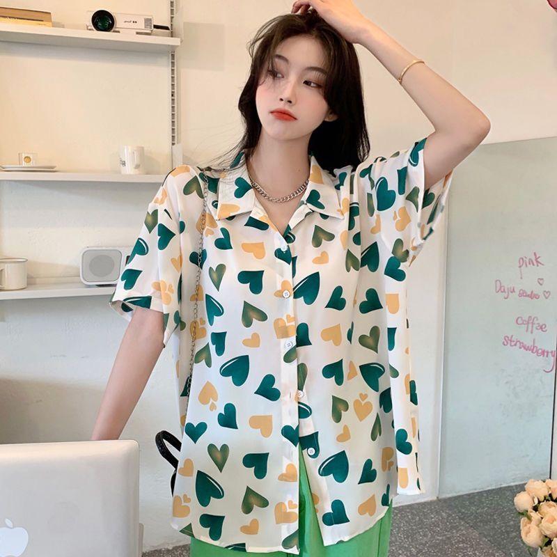 

Женская блузка с коротким рукавом, топ с отложным воротником, блузки, женская летняя рубашка с принтом Love, повседневная однобортная шифоновая рубашка M белый