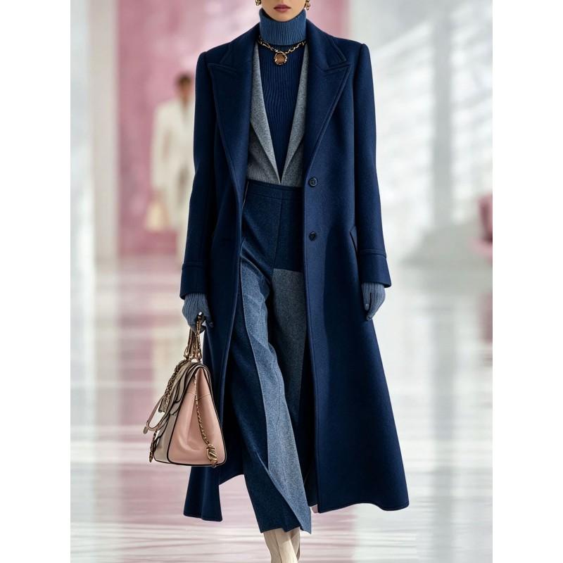 2026 Winter Women Long H-line Notched Lapel Wool Blend Coat Commuter Outerwear