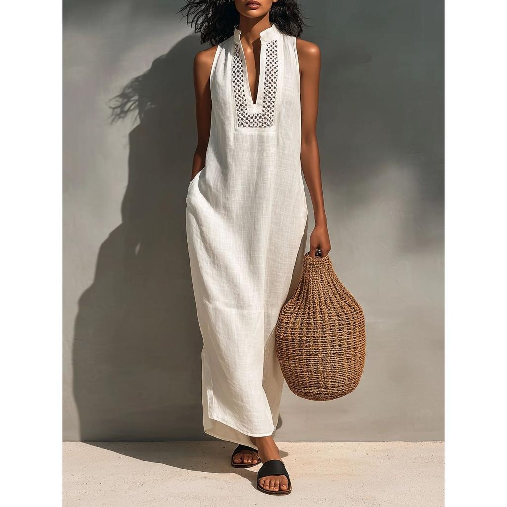 Robe Longue Sans Manches Col Montant Couleur Unie pour Femme Coupe Ample Taille Moyenne Robe Style Lin pour les Vacances