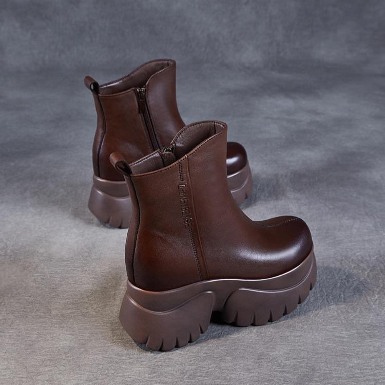 Johnature Round Toe Thick Soled Short Boots Genuine Leather High Heels Vintage Women's Platform Boots