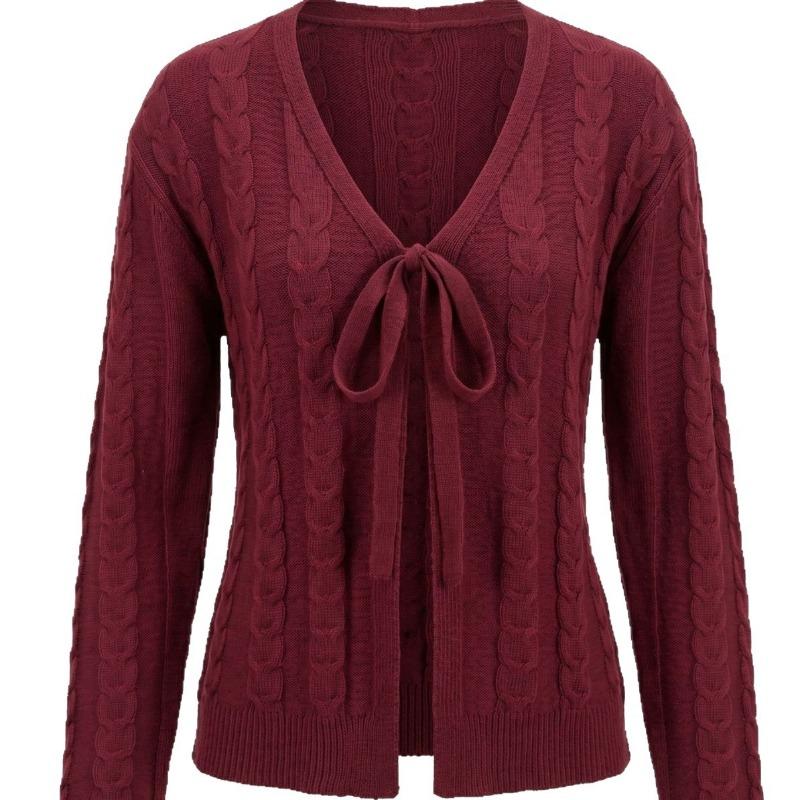 Suéter cárdigan corto de punto trenzado para mujer, cuello en V, corbata de lazo, manga larga, principios de otoño