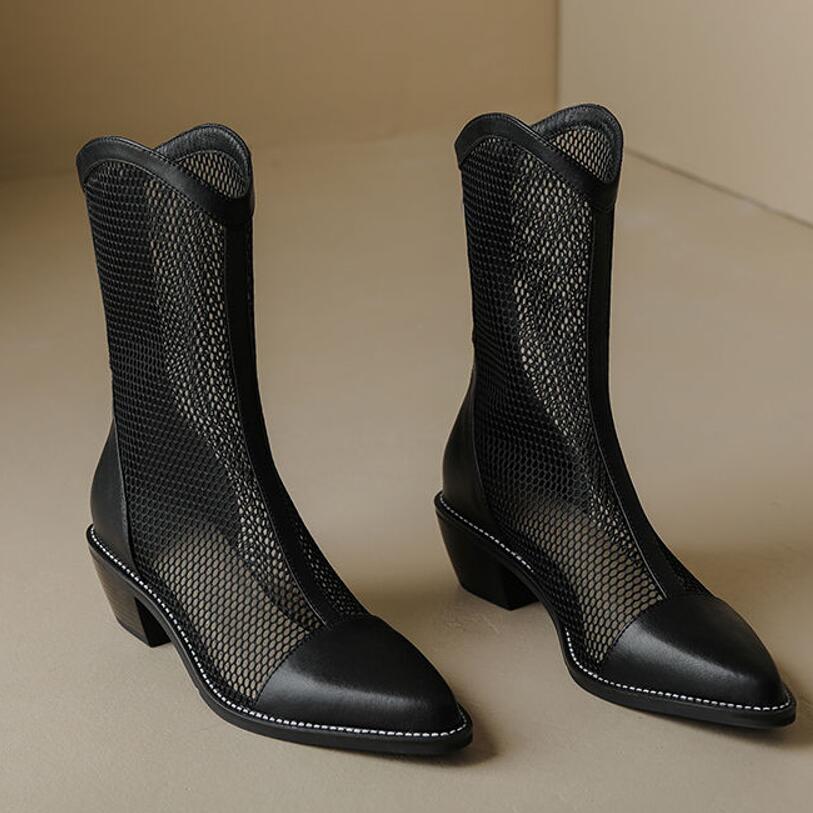 Fashion FHC New Fashion Mesh Sandals Boots,Women Mid Heels Shoes,Sexy Hollow Out Summer Botas,Pointed Toe,Apricot,Black,Dropship