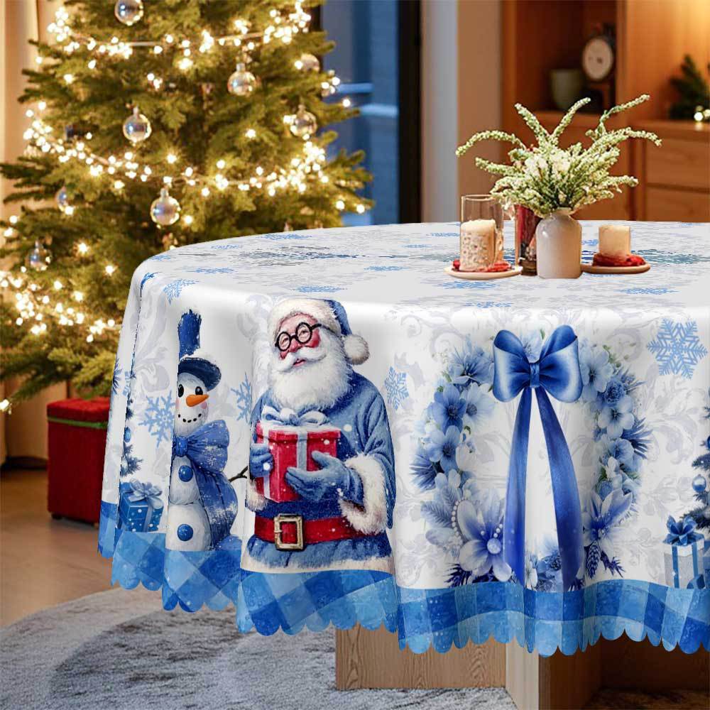 Christmas Tablecloth, Blue And White Cartoon Print Rectangular Table Cloth, Snowman Santa Tablecloth