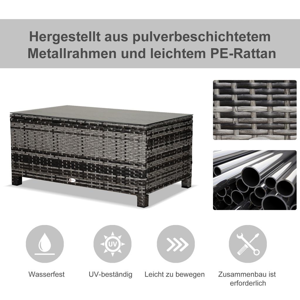 PE Rattan Garden Coffee Table, with Glass Table Top - Grey