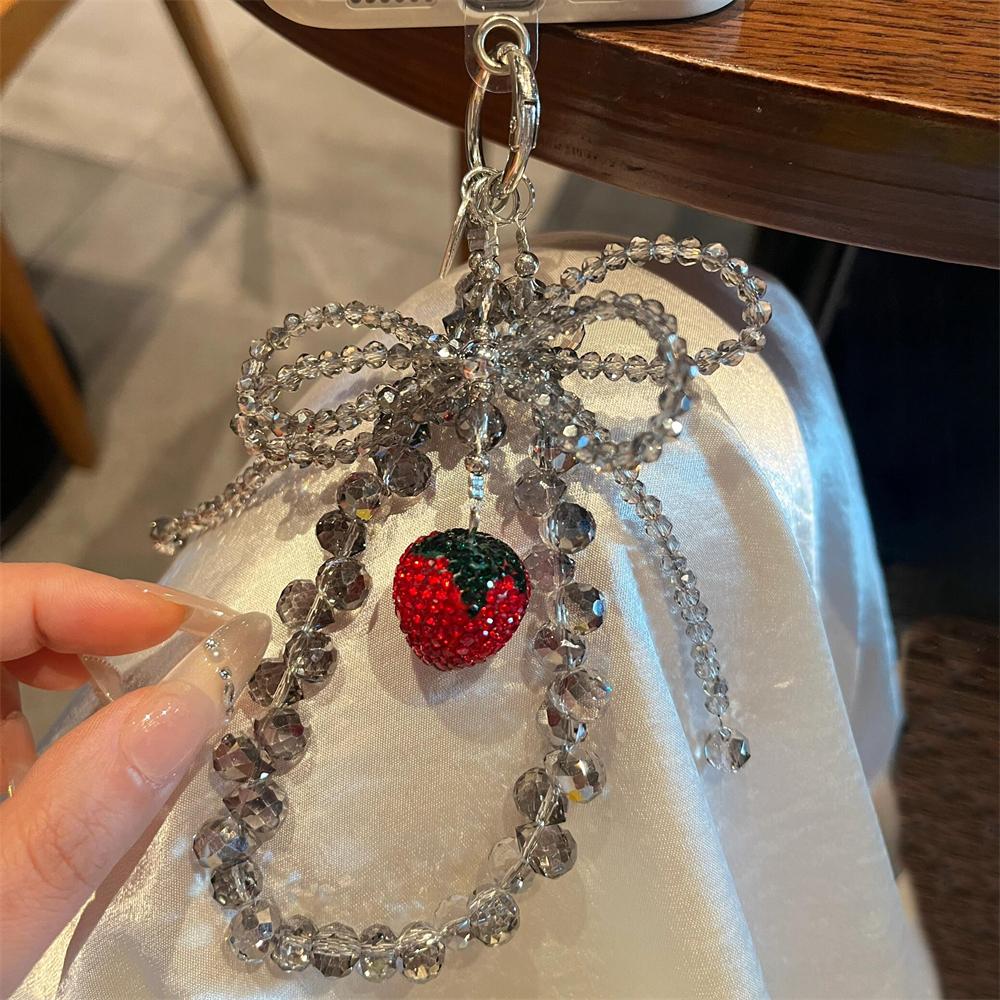 Luxury Crystal Strawberry Rhinestone Beaded Bead Phone Bracelet Strap Charm Chain Knot Cellphone Lanyard Keychain Bag Camera Key