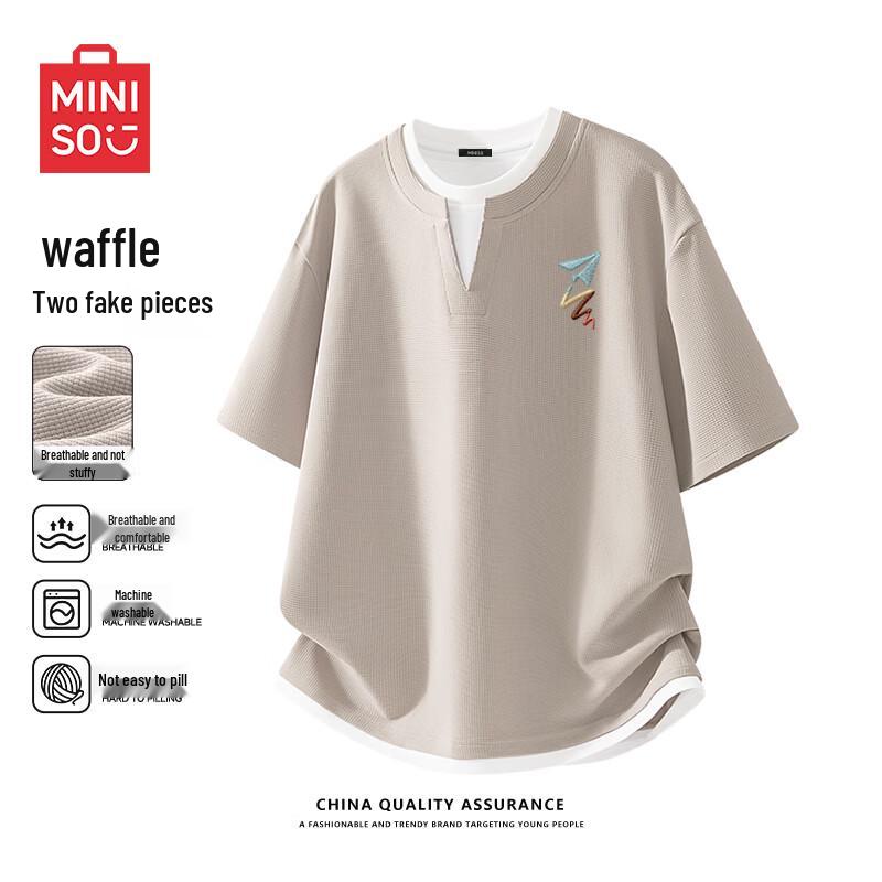MINISO Men s Heavyweight Waffle Knit Faux Two-Piece Short Sleeve T-Shirt XL